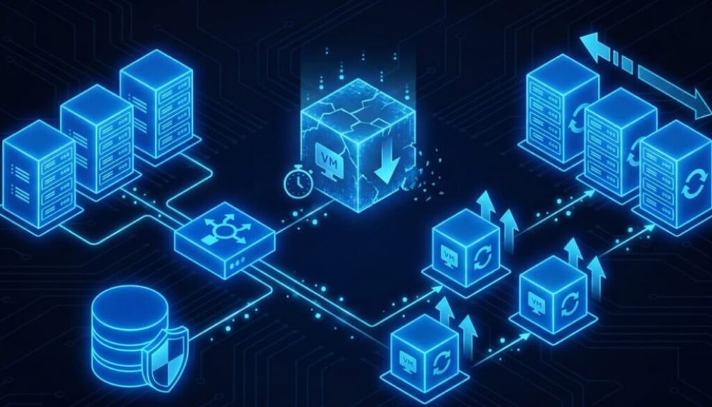 Strategic blueprint illustration in blue tones, depicting a resilient cloud network architecture where some server nodes are solid (On-Demand) while others are transient and dashed (Spot Instances), illustrating dynamic capacity handling without system failure.