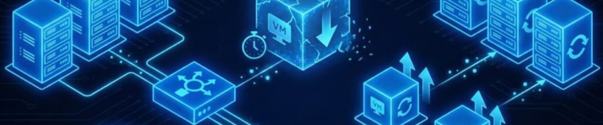 Strategic blueprint illustration in blue tones, depicting a resilient cloud network architecture where some server nodes are solid (On-Demand) while others are transient and dashed (Spot Instances), illustrating dynamic capacity handling without system failure.