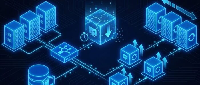 Strategic blueprint illustration in blue tones, depicting a resilient cloud network architecture where some server nodes are solid (On-Demand) while others are transient and dashed (Spot Instances), illustrating dynamic capacity handling without system failure.