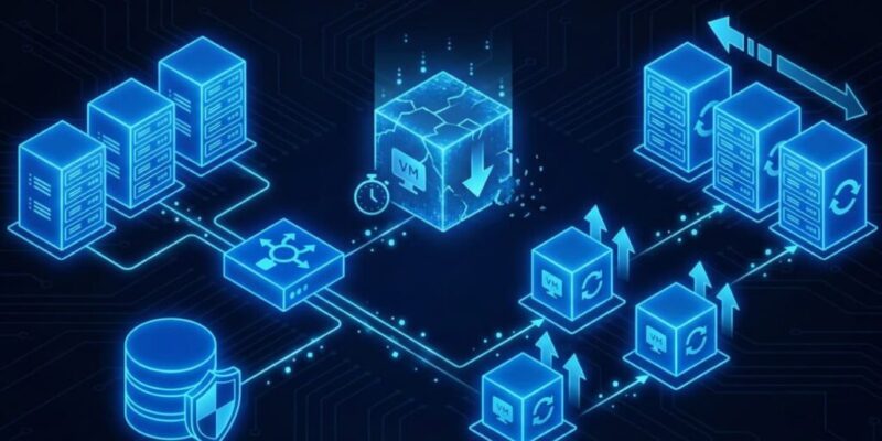 Strategic blueprint illustration in blue tones, depicting a resilient cloud network architecture where some server nodes are solid (On-Demand) while others are transient and dashed (Spot Instances), illustrating dynamic capacity handling without system failure.