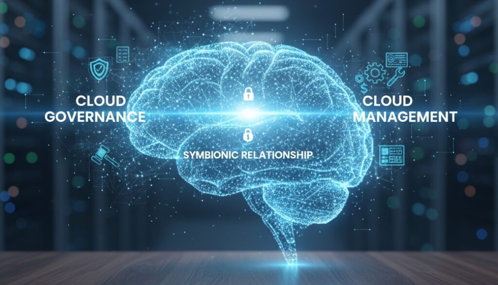 Cloud Governance vs. Management: Digital brain symbolizing strategic planning (governance) and operational execution (management) for cloud environments, with key icons for policies, security, tools, and cost control.