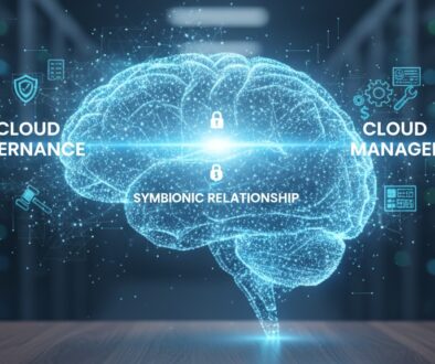 Cloud Governance vs. Management: Digital brain symbolizing strategic planning (governance) and operational execution (management) for cloud environments, with key icons for policies, security, tools, and cost control.