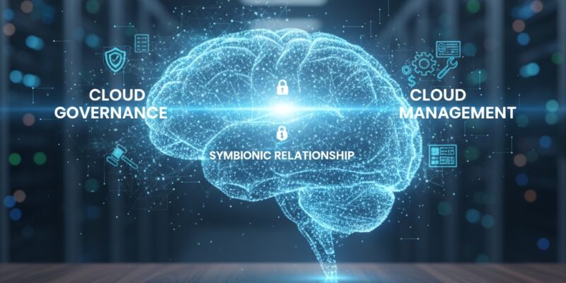 Cloud Governance vs. Management: Digital brain symbolizing strategic planning (governance) and operational execution (management) for cloud environments, with key icons for policies, security, tools, and cost control.