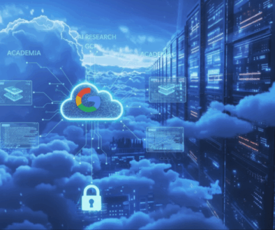 GCP cloud infrastructure with servers, security lock, and AI research data for academic institutions