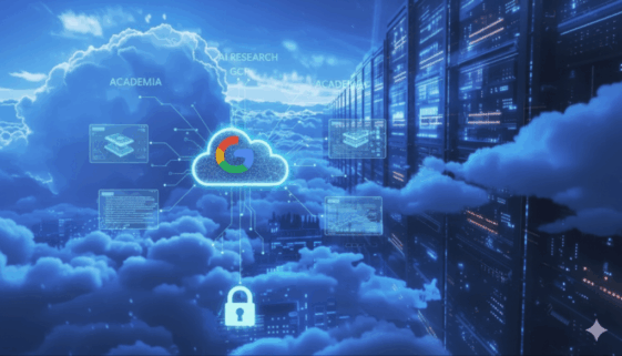 GCP cloud infrastructure with servers, security lock, and AI research data for academic institutions