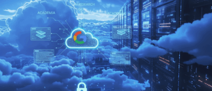 GCP cloud infrastructure with servers, security lock, and AI research data for academic institutions