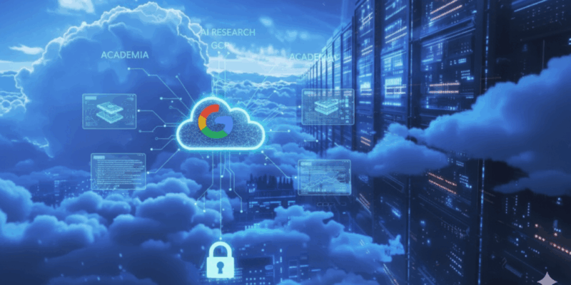 GCP cloud infrastructure with servers, security lock, and AI research data for academic institutions