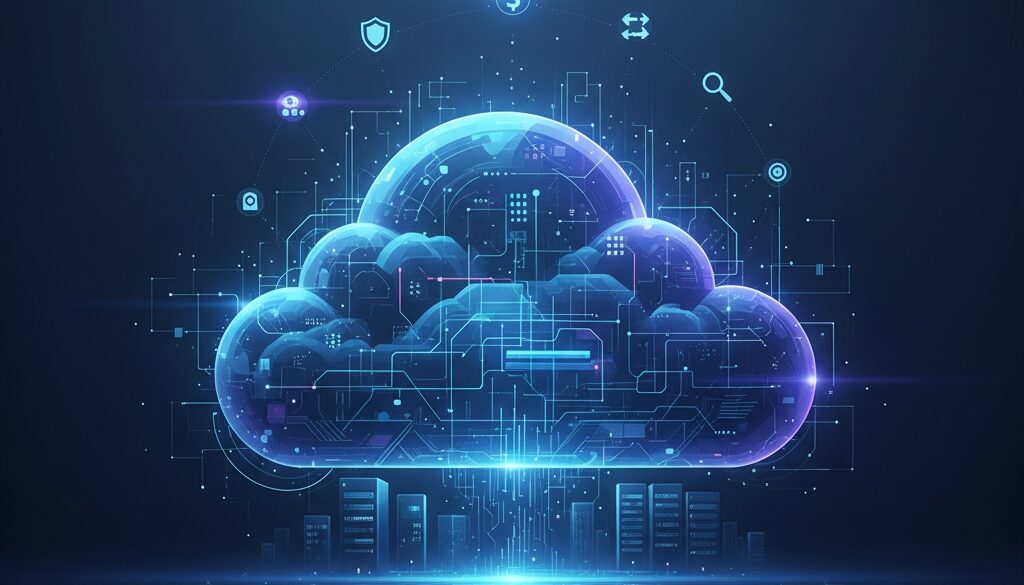 Digital cloud icon with glowing blue circuits representing cloud adoption strategy and enterprise technology transformation.