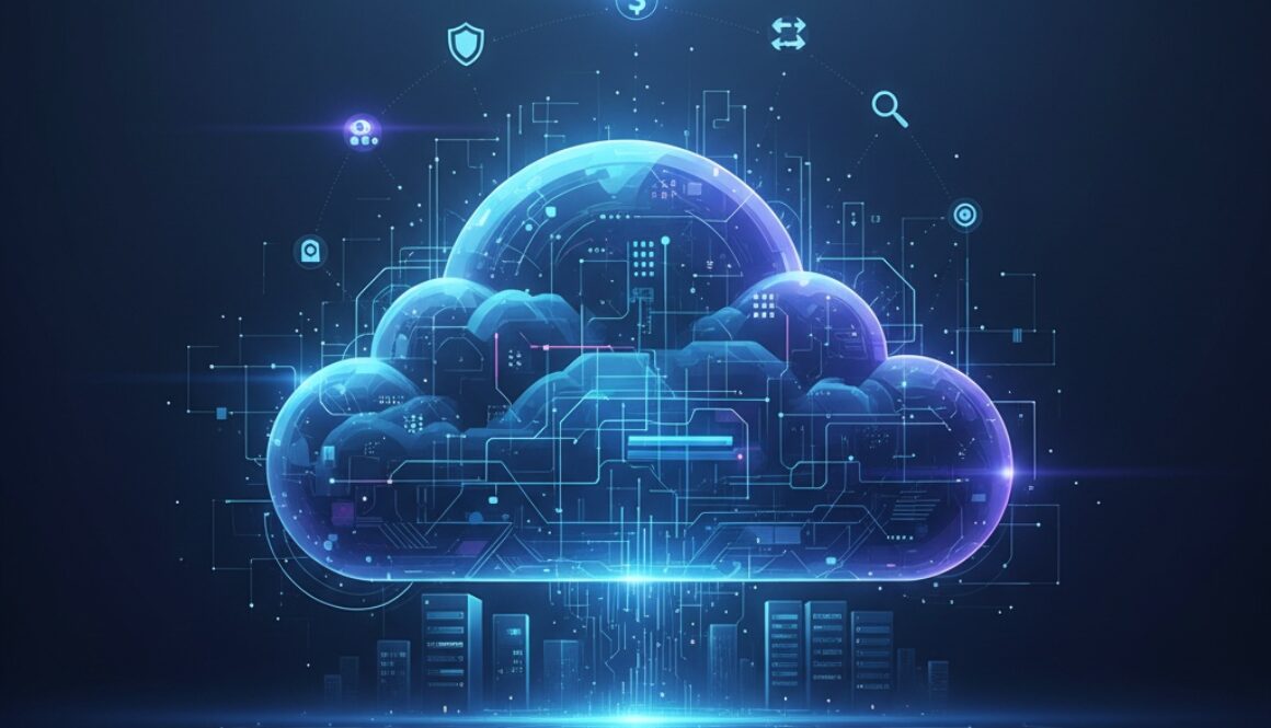 Digital cloud icon with glowing blue circuits representing cloud adoption strategy and enterprise technology transformation.
