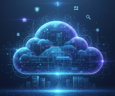 Digital cloud icon with glowing blue circuits representing cloud adoption strategy and enterprise technology transformation.