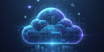 Digital cloud icon with glowing blue circuits representing cloud adoption strategy and enterprise technology transformation.