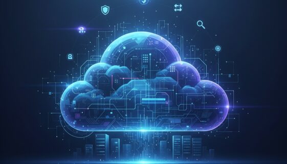 Digital cloud icon with glowing blue circuits representing cloud adoption strategy and enterprise technology transformation.