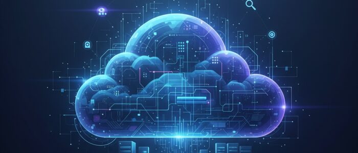 Digital cloud icon with glowing blue circuits representing cloud adoption strategy and enterprise technology transformation.