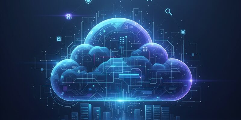 Digital cloud icon with glowing blue circuits representing cloud adoption strategy and enterprise technology transformation.