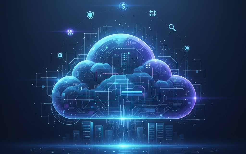 Digital cloud icon with glowing blue circuits representing cloud adoption strategy and enterprise technology transformation.