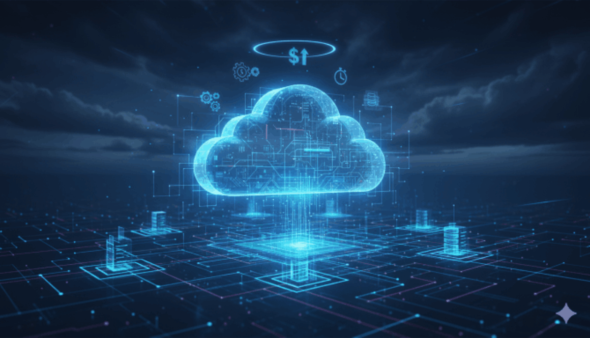 Conceptual image showing a glowing blue cloud computing icon connected to various servers and data points, with symbols for money, gears, and time representing cloud billing models and cost optimization for engineers.