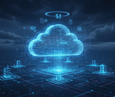 Conceptual image showing a glowing blue cloud computing icon connected to various servers and data points, with symbols for money, gears, and time representing cloud billing models and cost optimization for engineers.