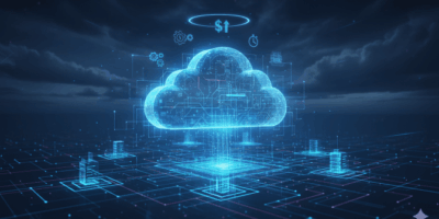 Conceptual image showing a glowing blue cloud computing icon connected to various servers and data points, with symbols for money, gears, and time representing cloud billing models and cost optimization for engineers.
