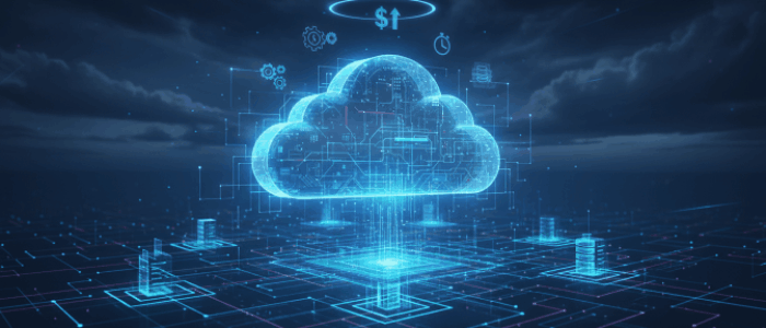 Conceptual image showing a glowing blue cloud computing icon connected to various servers and data points, with symbols for money, gears, and time representing cloud billing models and cost optimization for engineers.