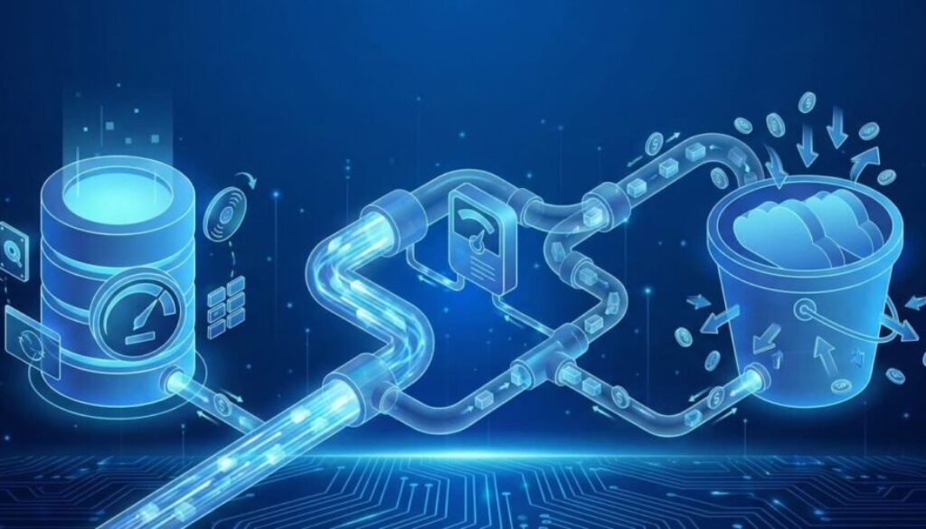 Architectural diagram in blue tones comparing billing metrics: a database cylinder labeled 'IOPS', a message queue pipe labeled 'Throughput vs Requests', and a storage bucket labeled 'API Calls'.