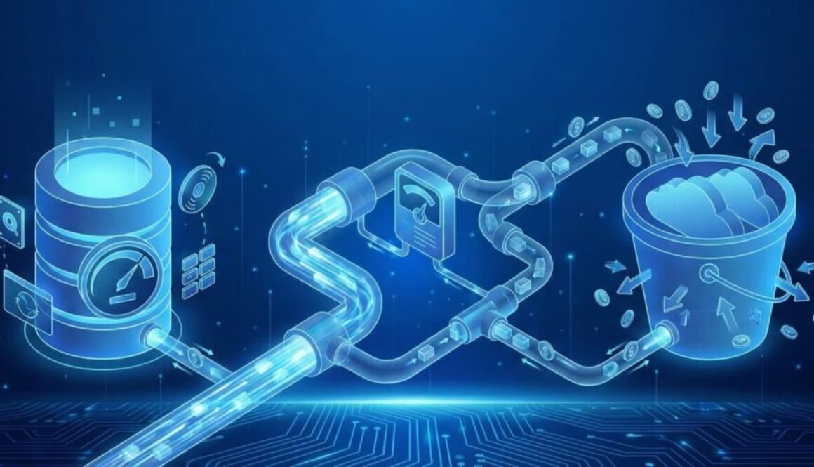 Architectural diagram in blue tones comparing billing metrics: a database cylinder labeled 'IOPS', a message queue pipe labeled 'Throughput vs Requests', and a storage bucket labeled 'API Calls'.