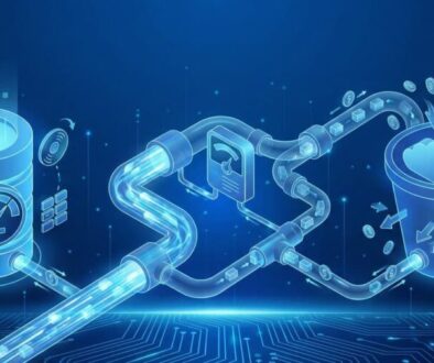 Architectural diagram in blue tones comparing billing metrics: a database cylinder labeled 'IOPS', a message queue pipe labeled 'Throughput vs Requests', and a storage bucket labeled 'API Calls'.