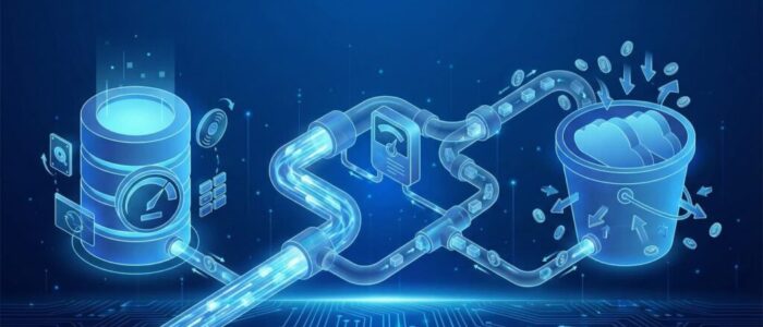 Architectural diagram in blue tones comparing billing metrics: a database cylinder labeled 'IOPS', a message queue pipe labeled 'Throughput vs Requests', and a storage bucket labeled 'API Calls'.