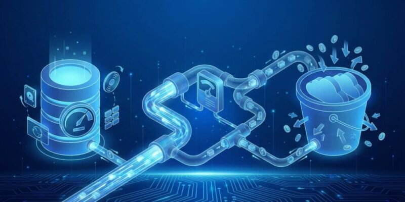 Architectural diagram in blue tones comparing billing metrics: a database cylinder labeled 'IOPS', a message queue pipe labeled 'Throughput vs Requests', and a storage bucket labeled 'API Calls'.