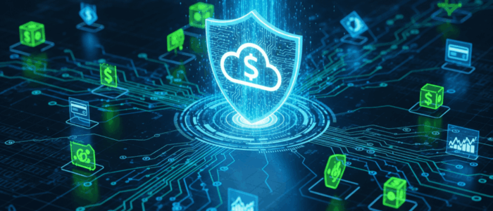 A secure GCP architecture diagram for financial applications, showing multi-layered cloud security and data protection.
